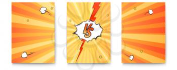 Set of posters with logo of versus on expressive background in comic book style. Letters VS on explosions bubbles and rays. Vintage pop art banner for challenge or contest. Vector poster for superhero