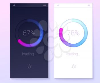 Icons of modern 3D web preloader of updates. Progress bar with percentage of progress. Concept of mobile apps, progress of loading on light and dark background. Radial load upgrade download diagram