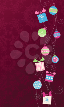 Various Christmas balls and gifts on dark background. Round and square shapes. There is place on background for your text. EPS 8.