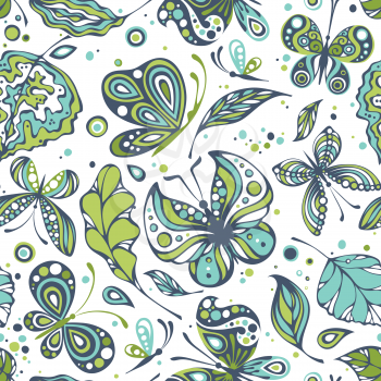 Various butterflies and leaves on white background. Seamless pattern. Easy to change color.