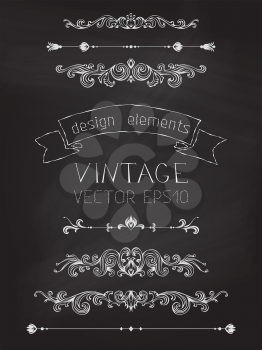 Page decorations, text dividers, ribbon, hand-drawn text. Antique and baroque design elements. Chalkboard background.
