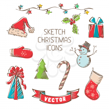 Hand-drawn retro Christmas objects for your design isolated on white background.