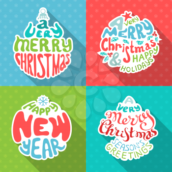 Set of four retro Christmas paper stickers with hand-written typography.