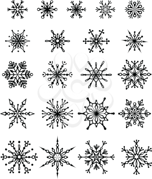 21 black snowflakes isolated on white background. Can be used for your design.