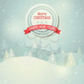 Light winter background. Vintage badge and ribbon. There is place for your text.