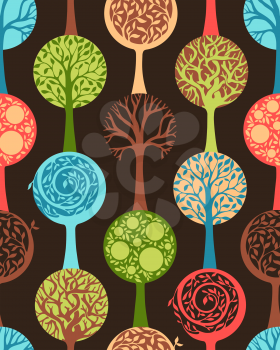Composition with colourful trees on brown background. Seamless pattern can be used for wallpapers, web page backgrounds or wrapping papers. EPS 8.