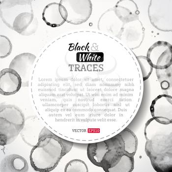 Vector background of various stains and splashes. There is place for your text in the center. Black and white illustration.