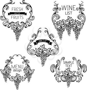 Black design elements with text isolated on white background. Retro design. Menu or wine list templates.