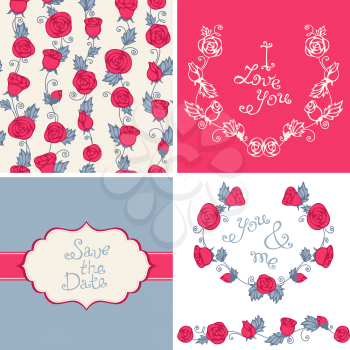 Seamless pattern. Vintage badge. Hand-drawn text. Wreath of roses and leaves.