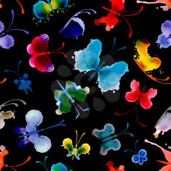 Bright watercolor butterflies on black background. Abstract hand-drawn texture.
