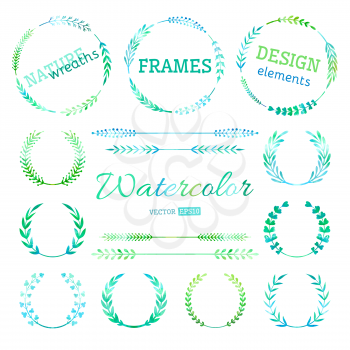 Hand-drawn nature wreaths, frames ans page dividers isolated on white background. All used brushes for wreathes are included. 