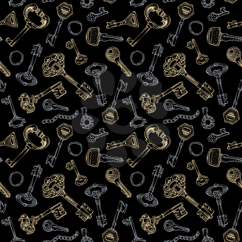 Gold and silver vintage keys on black background. 