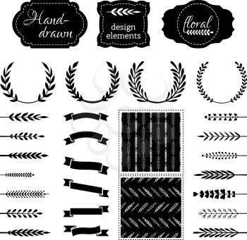 Set of wreaths, branches, ribbons, page dividers and seamless patterns. Black silhouettes isolated on white background. 