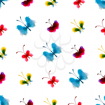 Bright butterflies of watercolor blots on white background. Abstract hand-drawn texture.