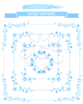 Blue ornate retro frames isolated on white background. Decorative elements for your design. 