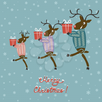 Christmas deer in sweater with gifts - vector illustration. eps 8