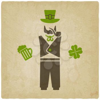 St. Patrick's man with beer and shamrock old background - vector illustration. eps 10