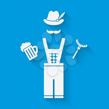 Man in national dress with beer mug and sausage. Oktoberfest beer festival concept in white and blue colors. vector illustration - eps 10