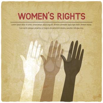 womens rights concept. three female raised hands vintage background. vector illustration - eps 10