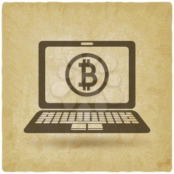 bitcoin symbol on laptop screen vintage background. vector illustration - eps 10