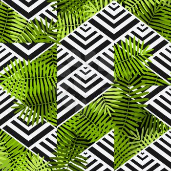 exotic leaves on geometric background. patchwork seamless pattern. vector illustration - eps 8