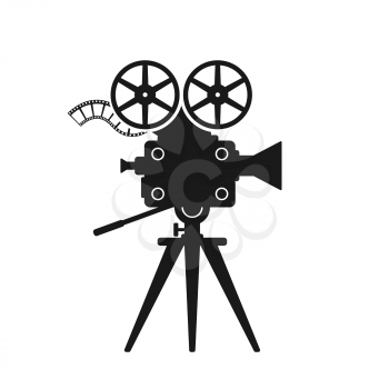 Retro movie camera black silhouette on white background. Vector illustration