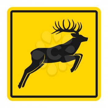 Wild animals yellow road sign. Silhouette of jumping deer. Vector illustration