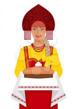 Russian girl in traditional suit with bread and salt. vector illustration - eps 10