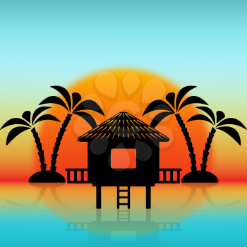 Silhouettes of bungalow and palm trees against rising sun. vector illustration - eps 10