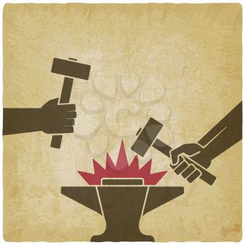 Two hands with hammers above anvil vintage background. vector illustration - eps 10