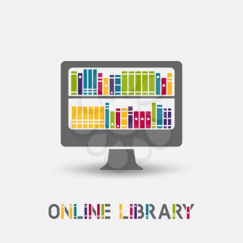 Online e-book library design symbol. laptop monitor with books on the shelves. vector illustration