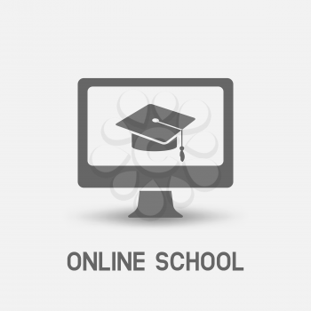 E-learning online school symbol, laptop monitor with graduation capl. vector illustration