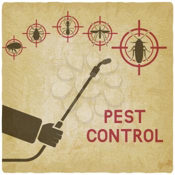 Exterminator with sprayer against cockroaches, mosquitoes, ants, ticks and fleas on vintage background. vector illustration - eps 10