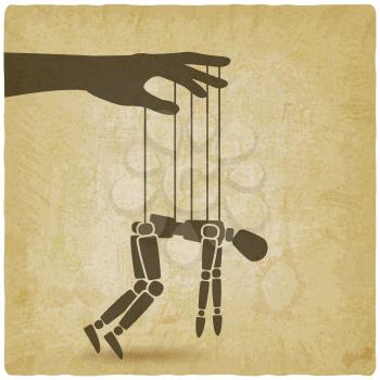 Puppet marionette on ropes on vintage background. Chronic fatigue syndrome concept. Vector illustration