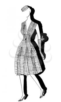fashion of 20th Century - woman dress and hat from tweed in 50th years