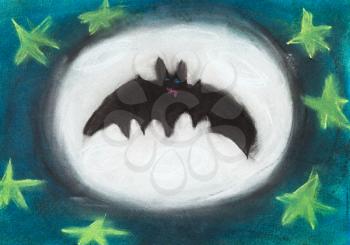 children drawing - flying night bat with full moon background