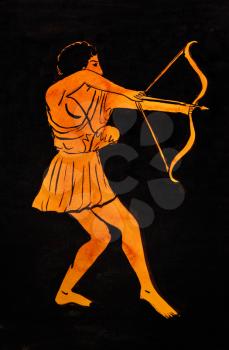 historical costume - ancient Greek archer styled under painting of skyphos 5th century BC