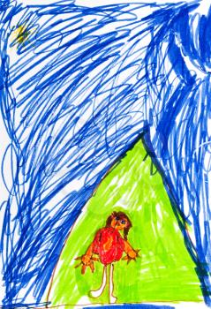 childs drawing - one girl in green tent in tourist camp at night