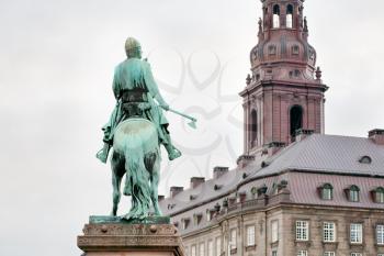 view on Christiansborg palace tower and Statue of Absalon in Copenhagen, Denmark 
