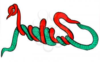 stylized fight between red and green snake