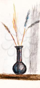 childs drawing - still life with dried ears of wheat in metal jug