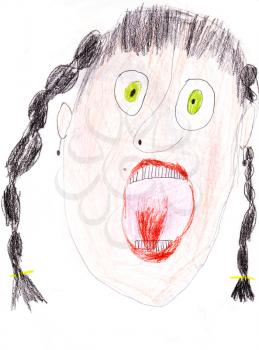 childs drawing - Portrait of crying woman with black braids