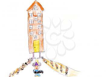 childs drawing - tall house of happy dwarfs