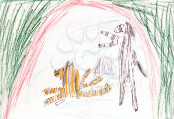 childs drawing - two zebras in the circus arena