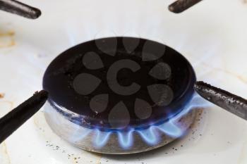 burning gas in burner ring of kitchen stove
