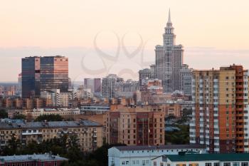 urban skyline with pink sunset in Moscow