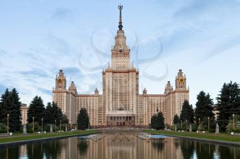 facade of main building of Moscow State University in early morning