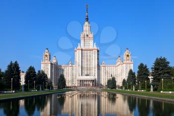 view of Lomonosov Moscow State University and fountain pond in summer day