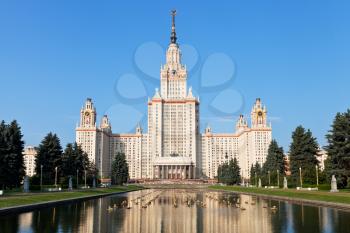 panorama of Lomonosov Moscow State University and fountain pond in summer day