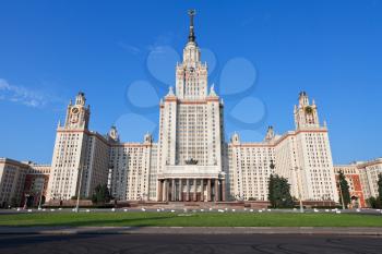 facade of main building of Moscow State University in summer day